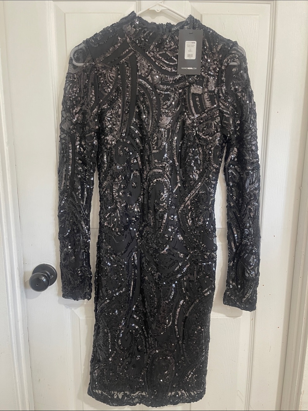Sequined Black Long-Sleeve Cocktail Dress